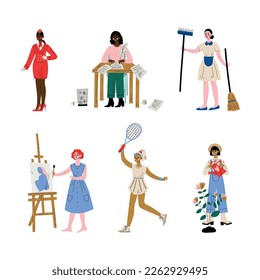 People of various professions set. Stewardess, writer, maid, artist, tennis player, gardener cartoon vector illustration