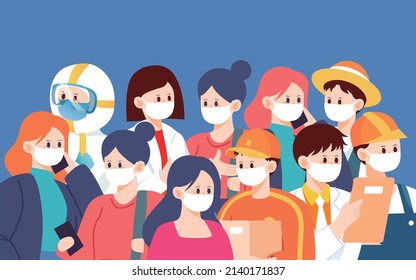 People of various professions are walking with masks, epidemic prevention and control, vector illustration