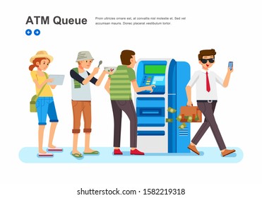 people with various proffesion line up in front of ATM machine isometric vector illustration. use for landing page, web page and others.