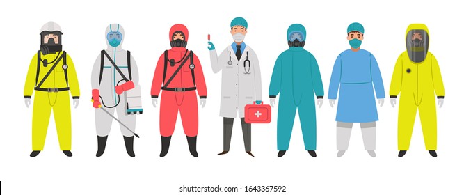 People in various protection suits on a white background in a flat style. Camical, medical, biohazard protection suits.