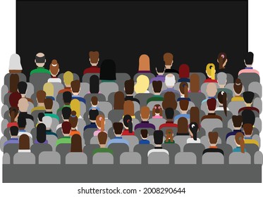 people of various races and ages as audiences in cinema. seats and cinema screen.
