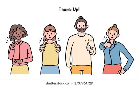 People of various races are making thumb up gestures. hand drawn style vector design illustrations. 