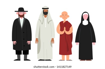 People of various religious denominations. Smiling characters in religious clothing. Judaism, Islam, Buddhism and Christianity.