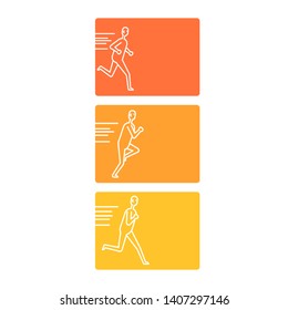 People various running position. White figures on colorful backdrops.