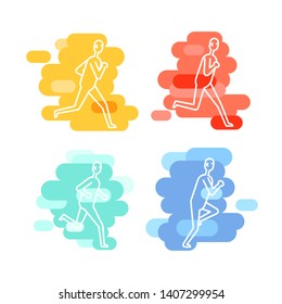 People various running position. White figures on colorful backdrops.