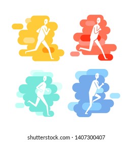 People various running position. White figures on colorful backdrops.