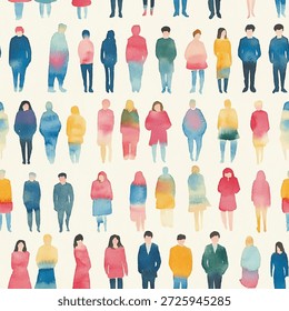 People of various shapes and sizes come together in a colorful crowd seamless vector pattern. Each figure is created with watercolor in different hues. The setting shows a sense of community as individuals gather for a springtime event. Some figures stand together while others are alone. The background is simple and light, allowing the colors to stand out. This scene captures the joy and diversity of people united in a lively atmosphere.