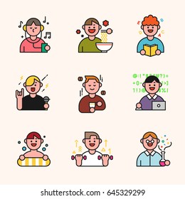 People in various situations line character vector illustration flat design