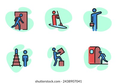 People in various situations line icon set. Man entering subway, carrying box, hailing taxi, rowing boat. Can be used for topics like transportastion, lifestyle, service