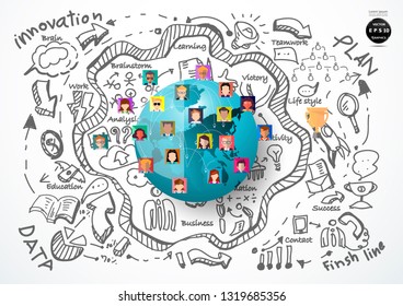  People various with Social Network Technology - Contact communicate,Earth,Trophy For success, - Background Plan Business - modern Idea and Concept  illustration  - Vector