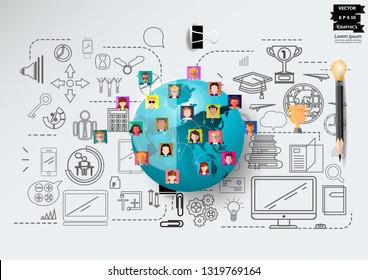  People various with Social Network Technology - Contact communicate,Earth,Trophy For success, - Background Plan Business - modern Idea and Concept  illustration  - Vector