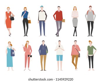 People in various styles of fashion front view. flat design style vector graphic illustration set