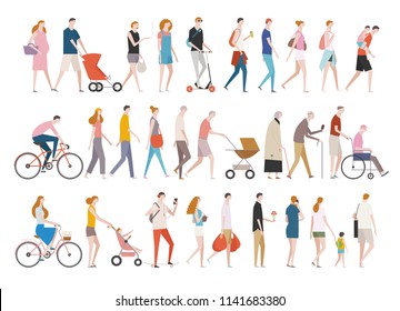 People in various styles of fashion walking down the street. flat design style vector graphic illustration set