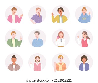 People of various styles are making gestures in a round frame. flat design style vector illustration.