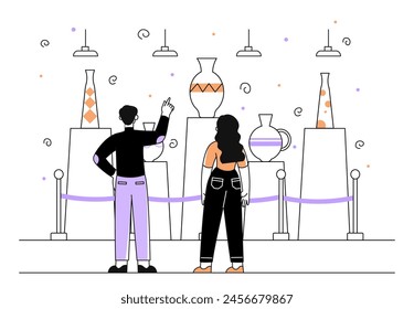 People in vase museum linear. Man and woman looking at ceramics products and pottery. Creativity and art, cultural rest and leisure. Exhibition and gallery. Doodle flat vector illustration