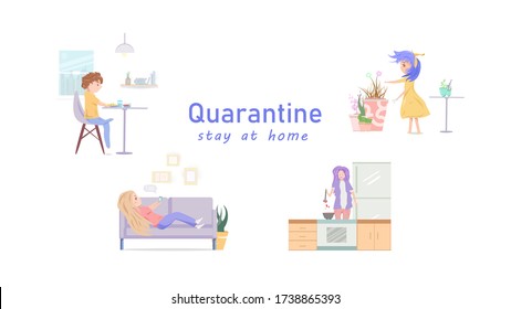 People vector, activity for quarantine, stay at home, relax time, diversity of people cartoon character flat design