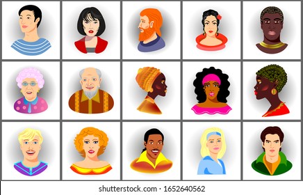 Conjunto de avatares vectoriales de personas. Hombre y mujer. Usuario hombre. Imagen de moda. Avatar. Iconos. Retrato redondo. Por las redes sociales. Dibujo plano de caricaturas.