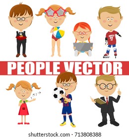 People vector children set. Page boy, roller skater, soccer player, schoolboy, singer, girl with tablet computer