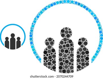 People vector collage of small circles in variable sizes and color tones. Small circles are grouped into people vector collage. Abstract vector design concept.