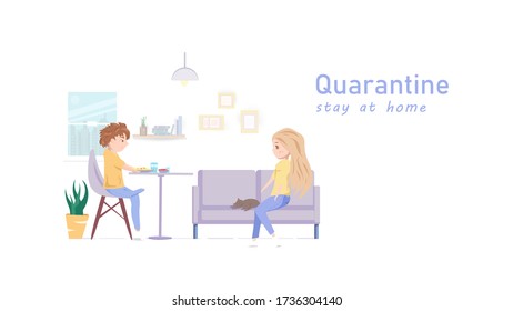 People vector, couple quarantine, stay at home, relax time, cartoon character flat design, home interior idea creative, web design