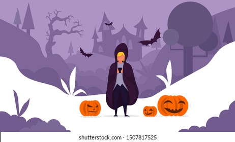 People vector design with someone using Halloween costume and celebrate it on social media. Recommended for desktop wallpaper, landing page, banner, or brochure.