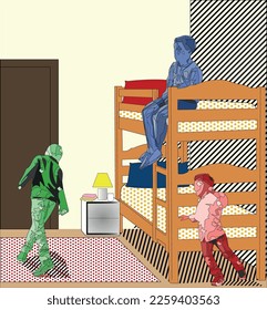 People in vector. Family in vector. With example of use in a children’s room in perspective. Conveniently divided into several parts to take advantage of the illustrator’s recolor command.