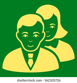 People vector icon. Flat yellow symbol. Pictogram is isolated on a green background. Designed for web and software interfaces.