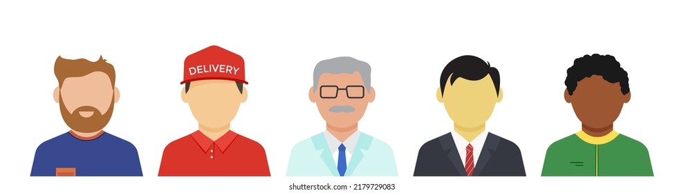 Icono de vector de personas, hombres de diferentes profesiones, conjunto de avatares, personaje facial, joven y anciano aislado en fondo blanco. Ilustración de dibujos animados