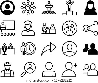 people vector icon set such as: portrait, working, competition, target, send, stand, tribune, character, place, forum, document, market, win, engineering, standing, center, boss, management, element