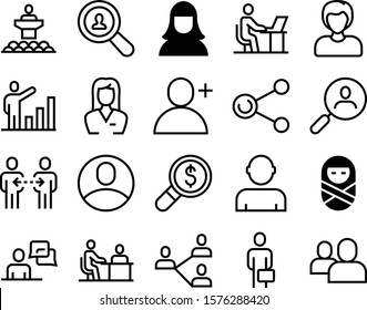 people vector icon set such as: researcher, zoom, desk, growth, dollar, kid, young, up, profession, wealth, employment, boy, share, magnifying, showing, think, investment, stroke, select, forum