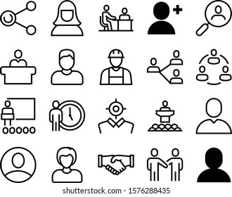 people vector icon set such as: standing, clock, craftsmen, together, industry, public, magnifier, hug, deal, linear, tribune, hair, leadership, white, mobile, lecture, president, career, camera