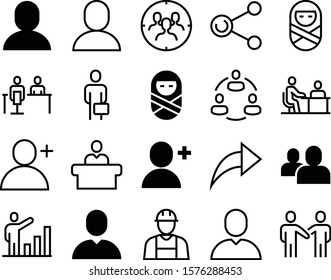 people vector icon set such as: team hierarchy, target, brotherhood, cog, square, chair, working, document, business meeting, users, send, front, hierarchy, contact, repairman, add team, helmet