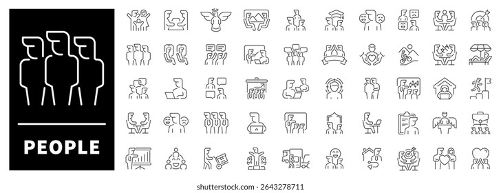 People vector icons collection. Thin line icons related to people and society. People society thin line style icons. Person, individual, community, society, population, group of people