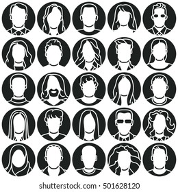 people vector icons set, circle black isolated avatars icons