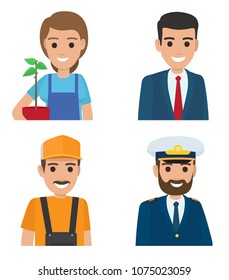 People vector icons set. Different professions cartoon characters in uniform half-length portraits isolated on white background. Occupations flat illustration for labor day, job concepts