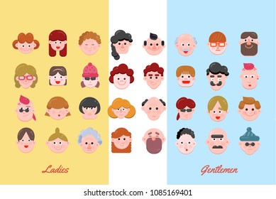 People Vector Illustration, Vector Flat Character Faces, Cute Avatar Collection, Flat Design, Various Age Group Character Concept, Modern Web Icon Set
