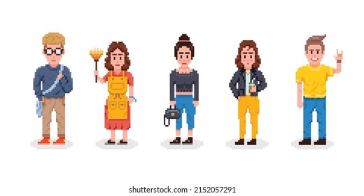 People vector pixel style. Man and woman in casual clothes.