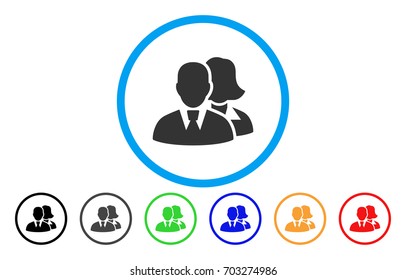 People vector rounded icon. Image style is a flat gray icon symbol inside a blue circle. Additional color variants are grey, black, blue, green, red, orange.