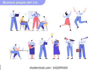  People vector set.  Business team. Teamwork, brainstorming. Success. Men and women. Flat characters isolated on white.