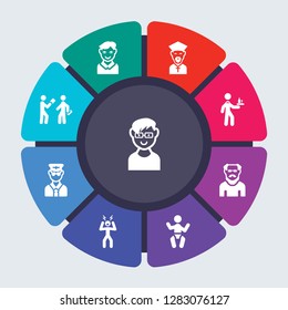 people vector template for infographics. Business concept with 9 options, steps, parts, segments. Banner infographic cycling diagram, round chart, Boy face glasses, icons