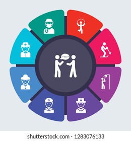 people vector template for infographics. Business concept with 9 options, steps, parts, segments. Banner infographic cycling diagram, round chart, Swear, Surgeon face, Skipping rope man icons