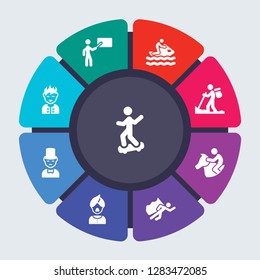 people vector template for infographics. Business concept with 9 options, steps, parts, segments. Banner infographic cycling diagram, round chart, man riding Skateboarding, Man pointing icons