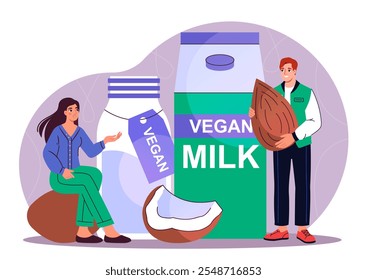 Personas con comida vegana. Hombre y mujer cerca del coco y la leche. Productos naturales y orgánicos, dieta vegetariana. Bebida saludable con calcio. Ilustración vectorial plana aislada sobre fondo blanco