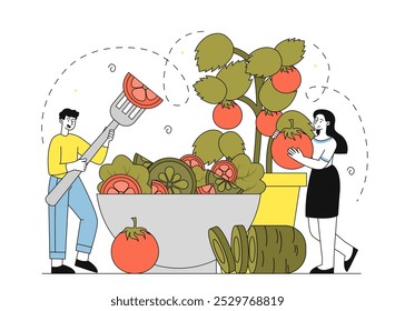 Pessoas com comida vegana. Mulher e homem perto da tigela com salada. Tomate, pepino e alface. Alimentos saudáveis com vitaminas. Dieta e nutrição adequadas. Ilustração de vetor linear isolada no plano de fundo branco