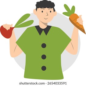 Pessoas com legumes. Celebração do Dia Mundial da Vegetariana. Ilustração de vetor