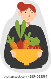 Pessoas com legumes. Celebração do Dia Mundial da Vegetariana. Ilustração de vetor