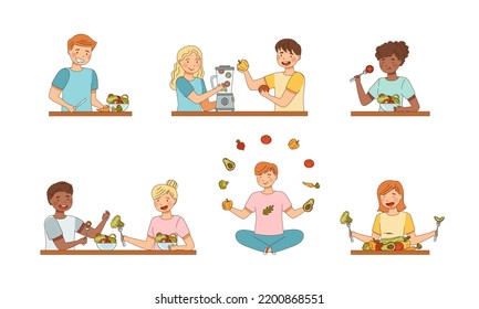 People Vegetarian Character Eating Veggie Making Salad in Bowl and Mixing Ingredients in Blender Vector Set