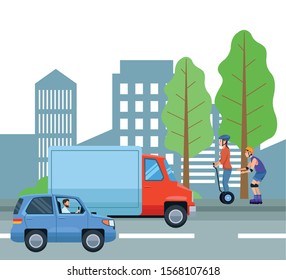 People with vehicles design, transportation drive travel traffic speed road and theme Vector illustration