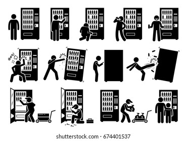 People with Vending Machine. Pictogram depicts a person using vending machine and destroying it. The stick figures also shows a worker stocking up, fixing, and collecting the money from it. 