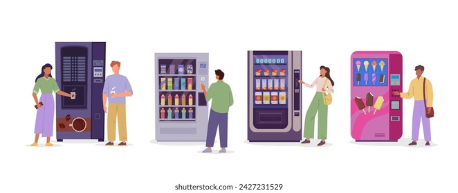 people with vending machines. automatic sale consumer goods, people using automated appliance, technology food service. vector cartoon characters concept.